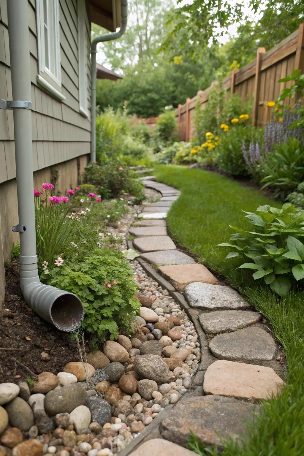 Evoke a rustic vibe by crafting a stream-like channel using natural stones.