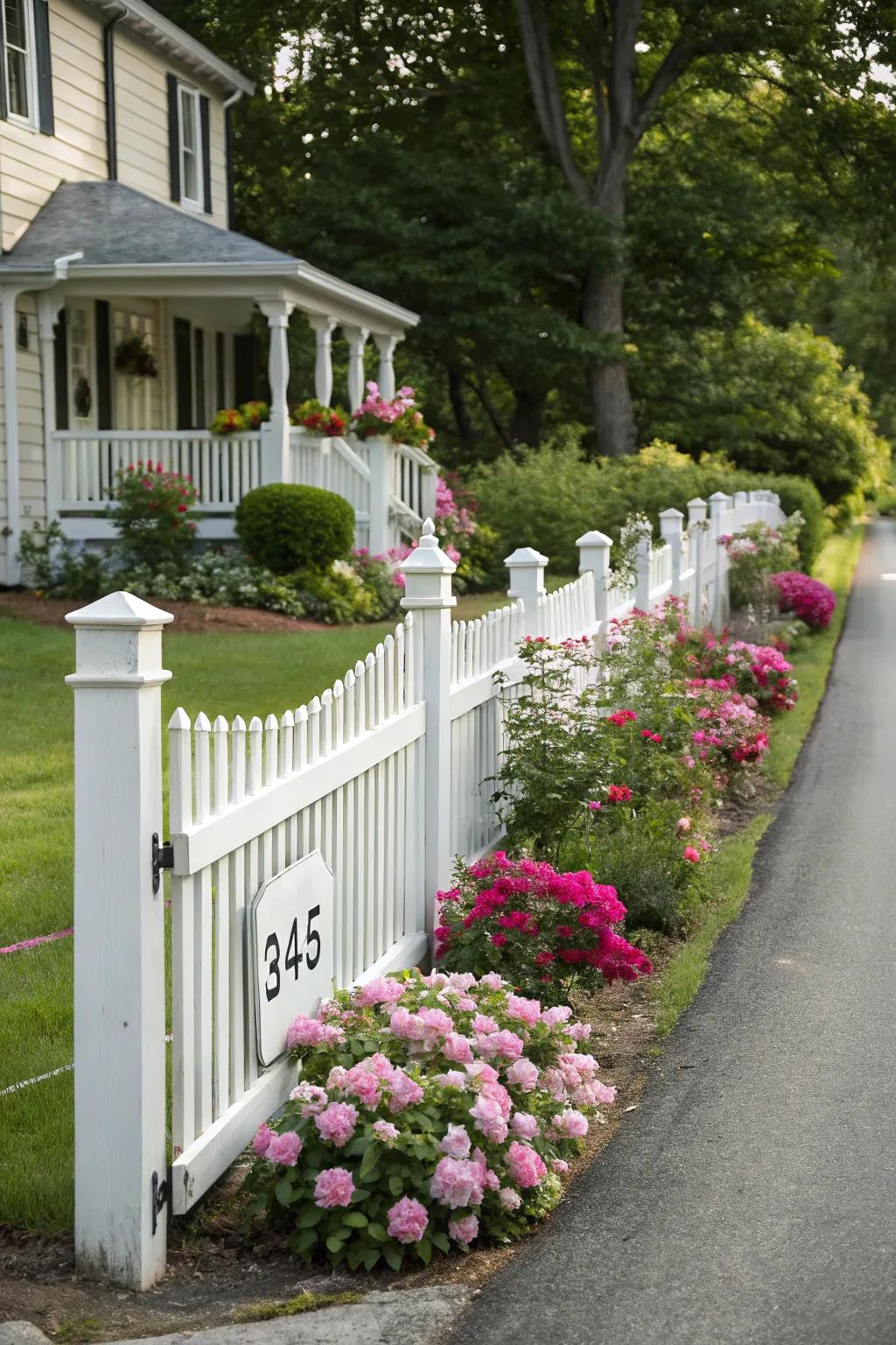 A timeless bright wood fence doubles as an enchanting driveway marker.