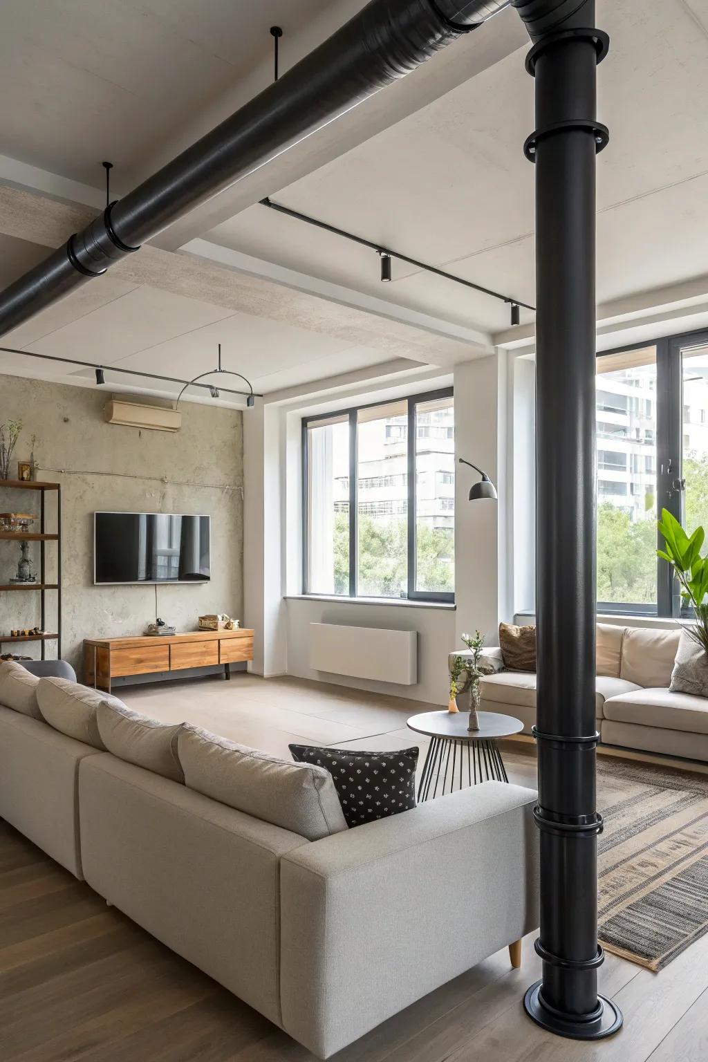 Minimalist pipe covers create a sleek modern aesthetic.