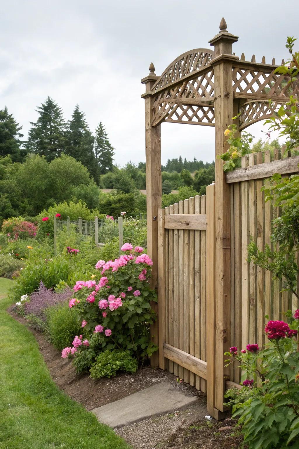 A lattice top infuses a wooden fence with both refinement and illumination.
