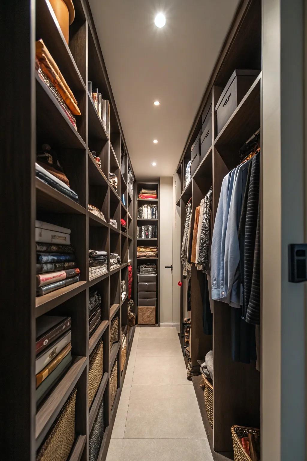 Make the most of vertical space with well-placed shelving in your slender closet.