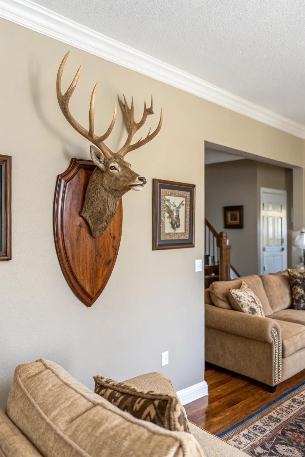A classic deer antler display on a burnished timber shield gives a neutral living space a dash of sophistication.