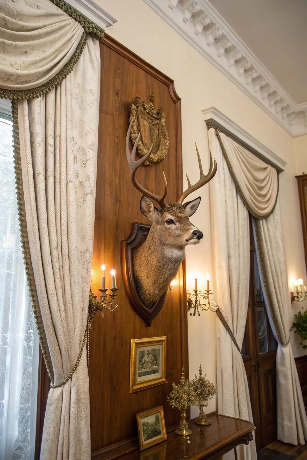 A traditional animal head display on a beautifully crafted wooden base.