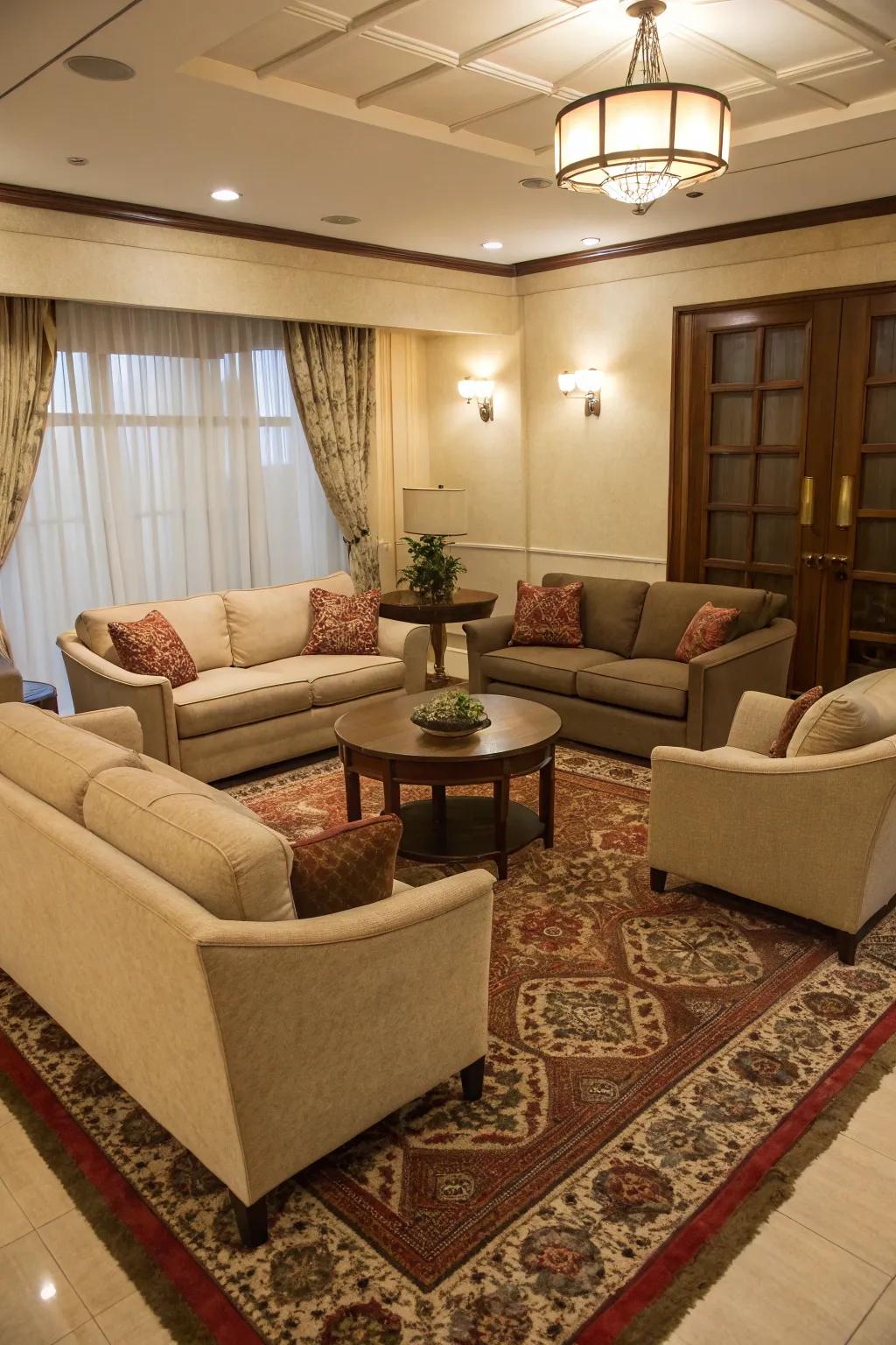 Warm seating plan in a serene den.
