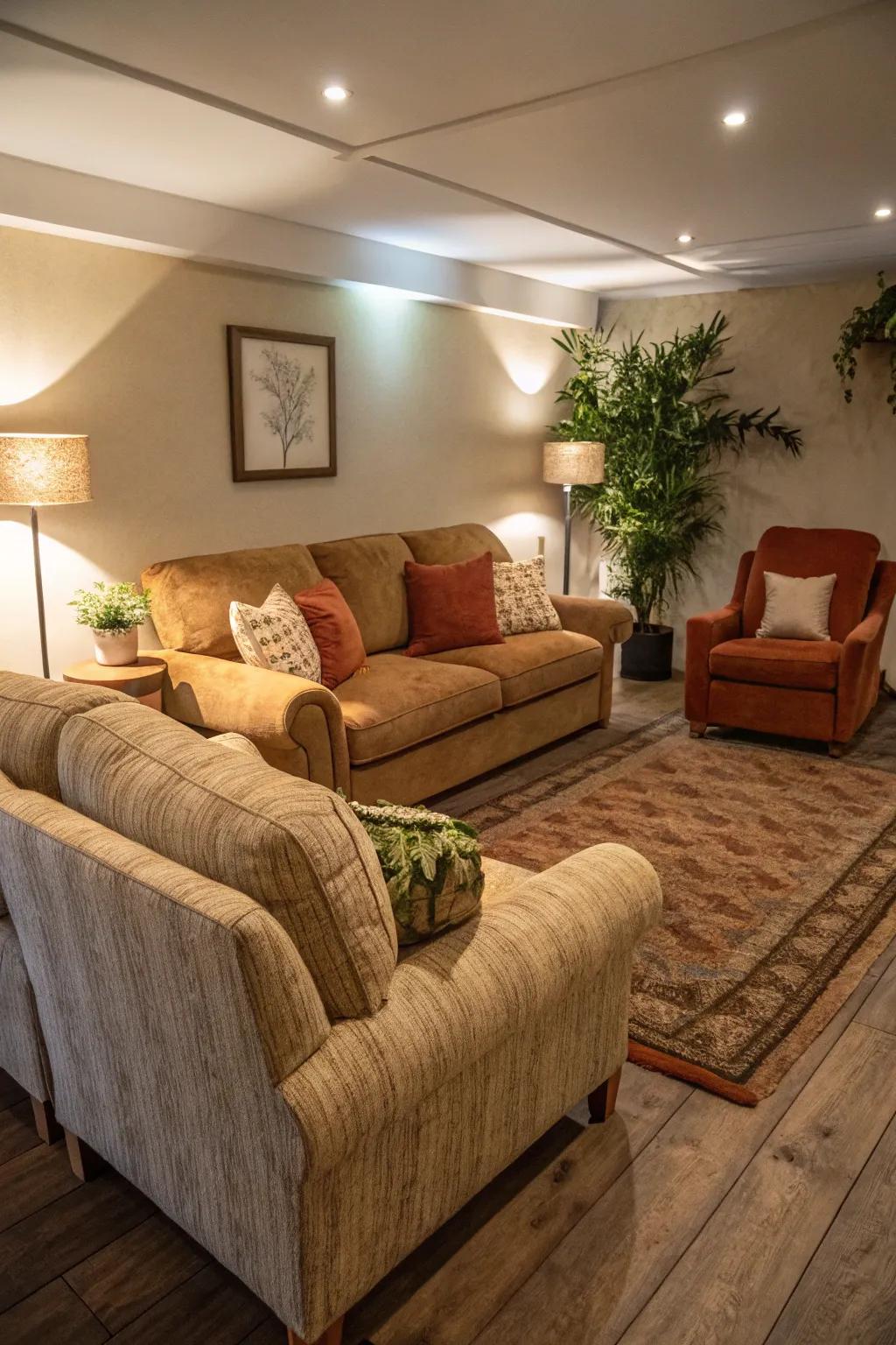 Deluxe sectional and armchairs provide a cozy atmosphere.
