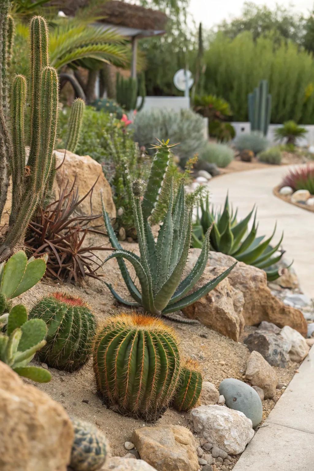 A vibrant mix of cacti and succulents showcasing their unique shapes and textures.