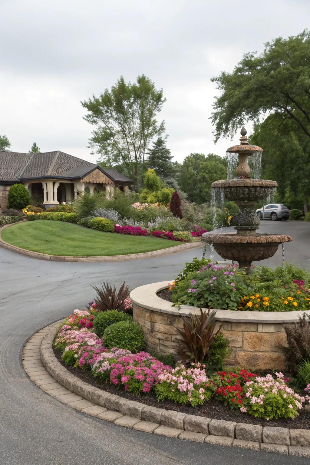 A central island bursting with vibrant flowers and a fountain elevates this driveway into a stunning vista.