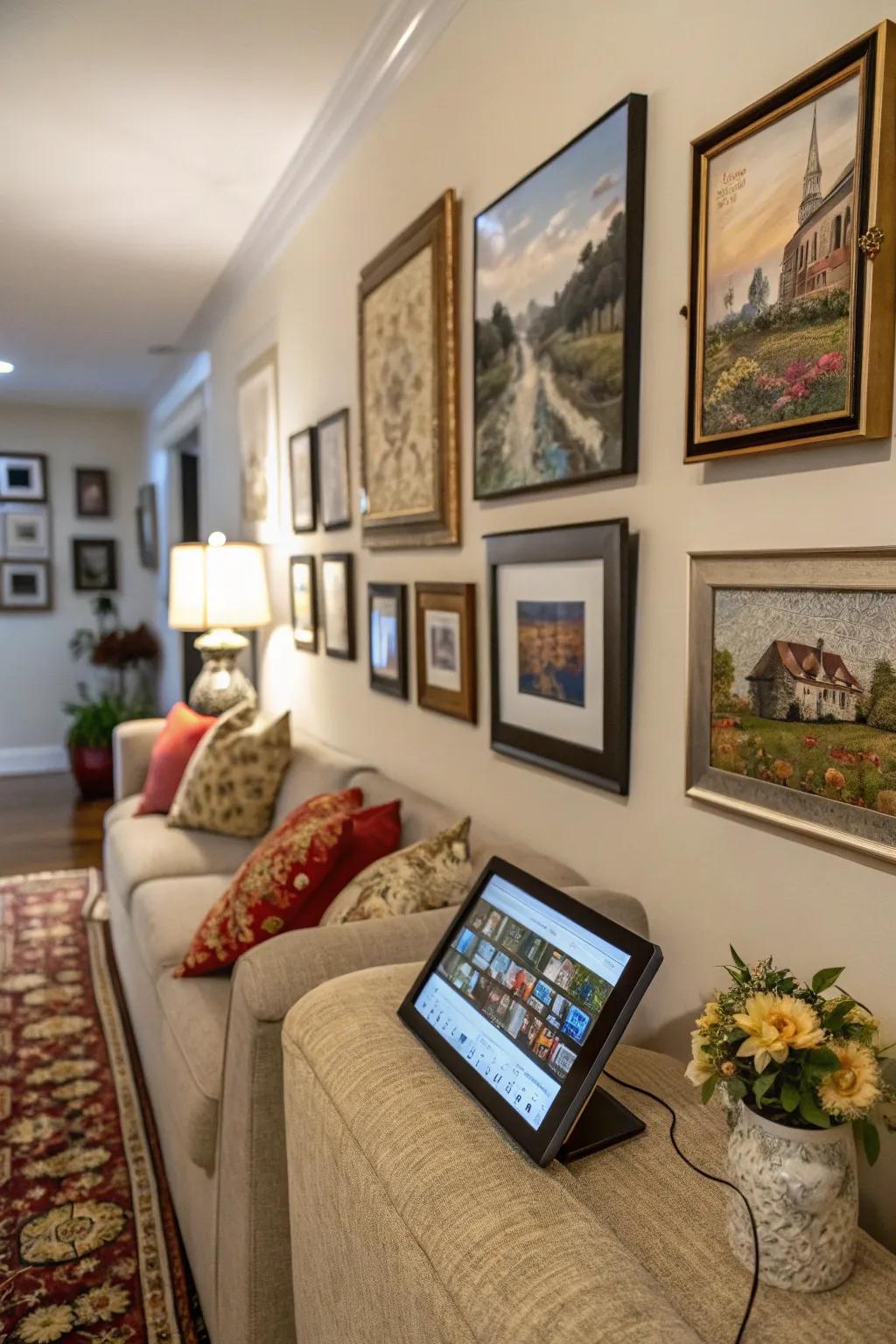 A captivating gallery wall featuring a mix of digital and traditional art.