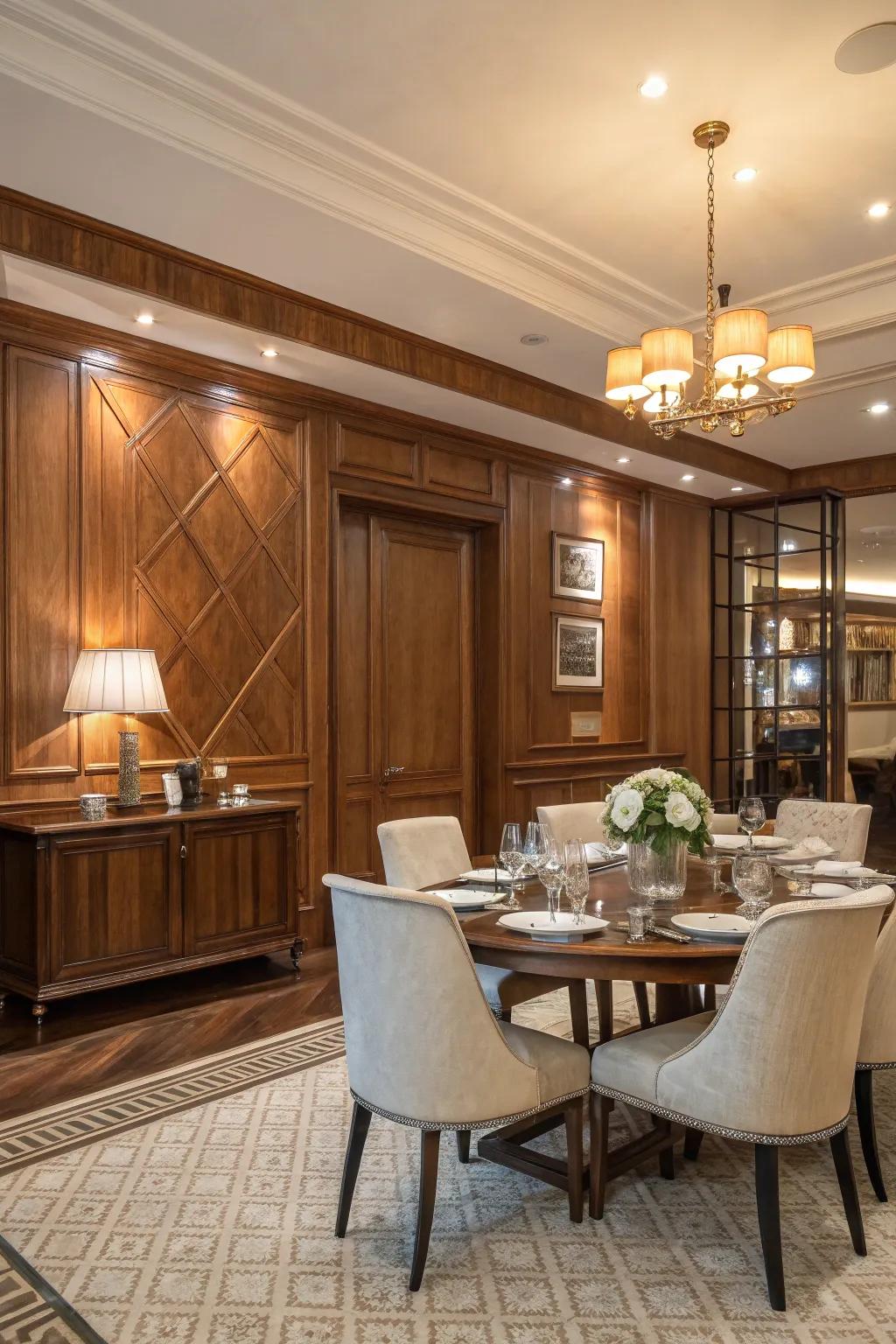 Wood paneling adds timeless elegance to any dining space.