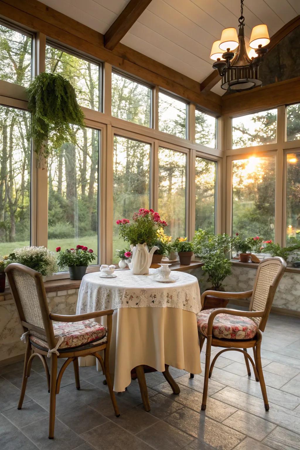 A veranda dining space that merges indoor comfort with outdoor allure, perfect for soaking up daylight.