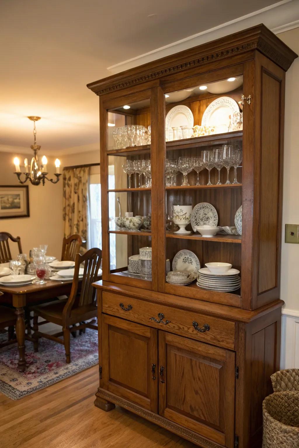 A vintage cupboard uplifts the dining room with its enduring appeal.