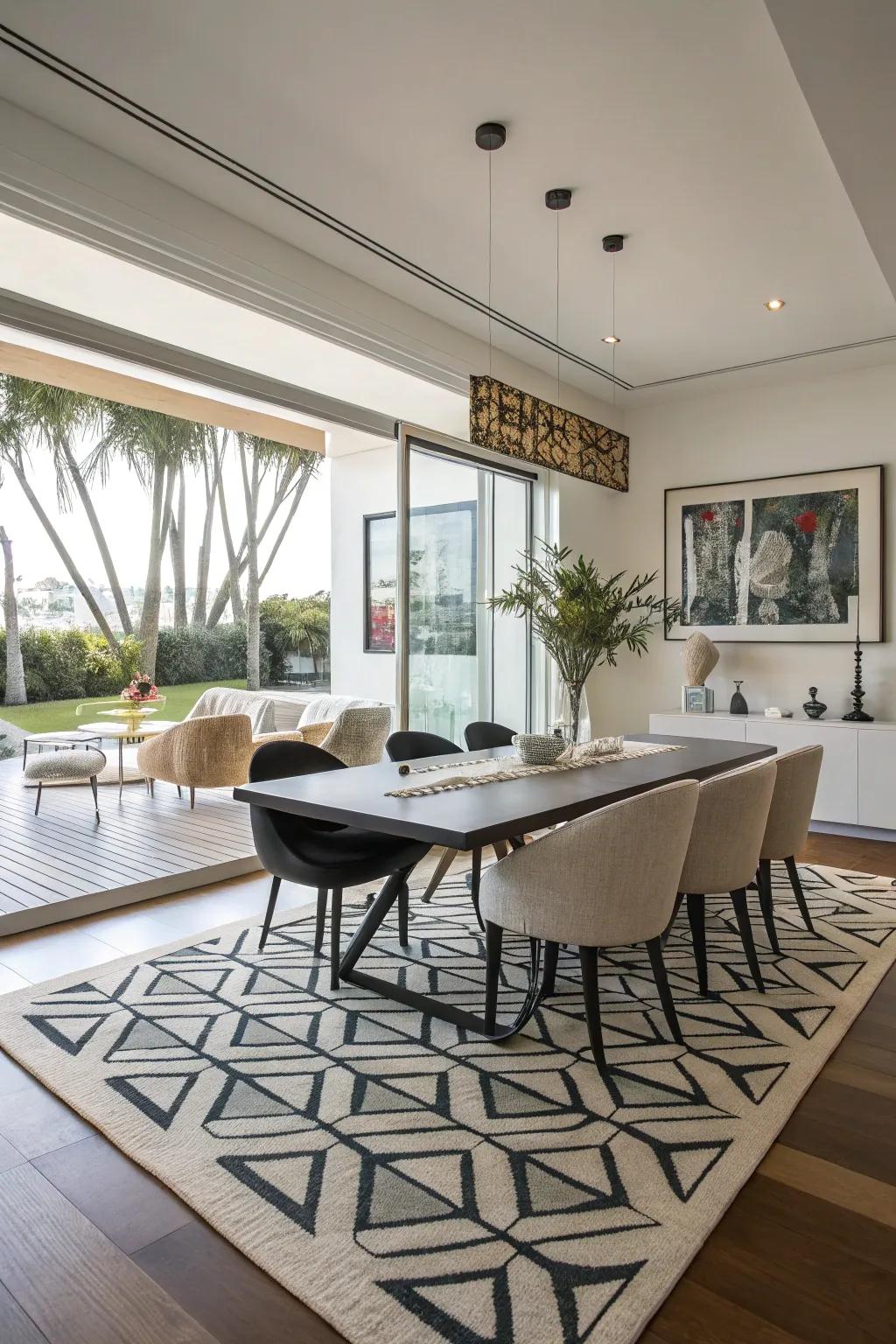 Incorporate a modern flourish with an eye-catching geometric rug.