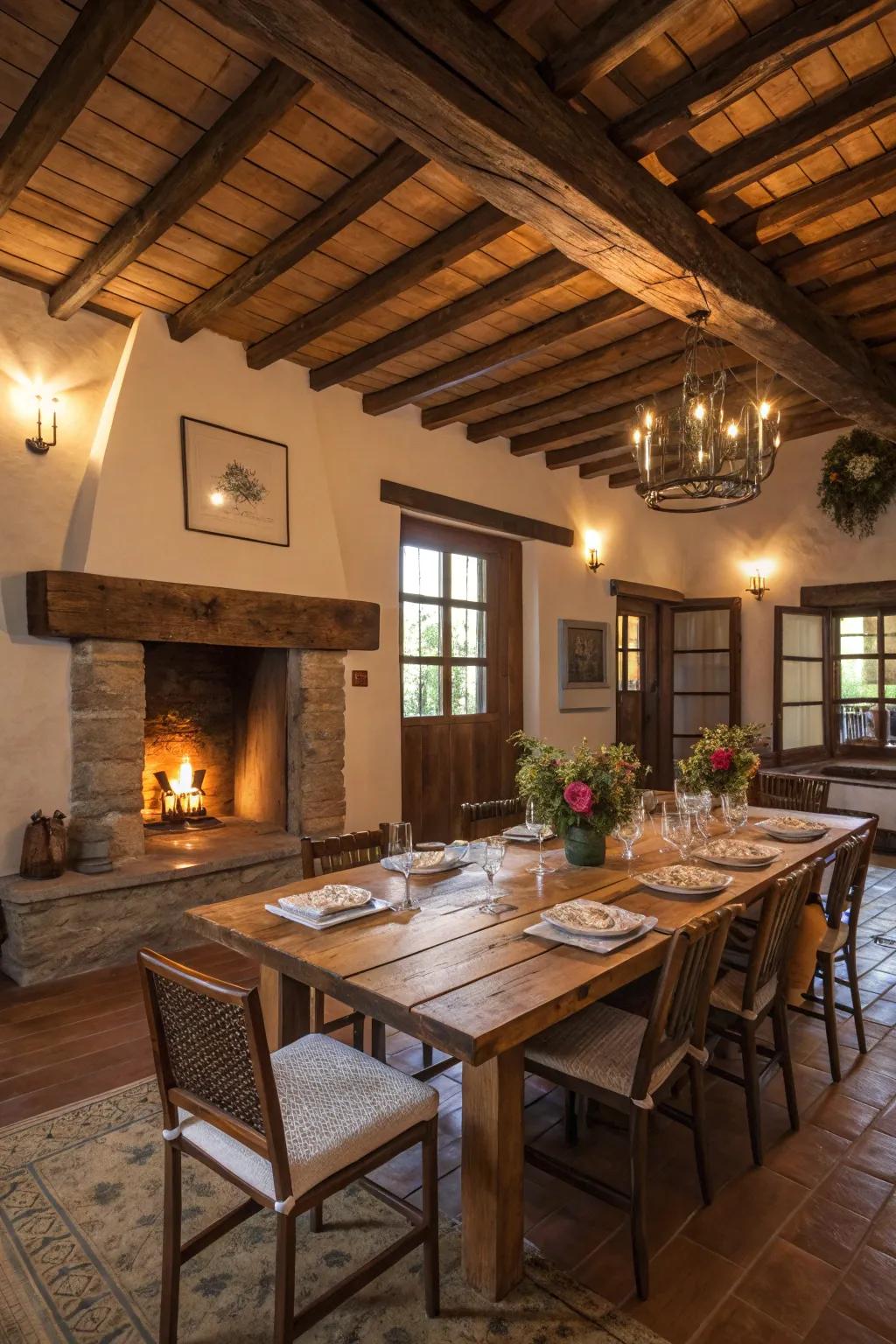 Rustic charm with a wooden table and mismatched chairs for an inviting atmosphere.