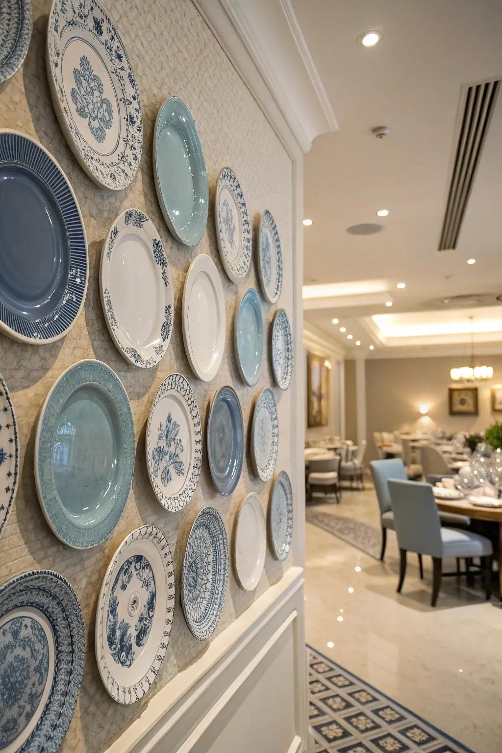 A display of plates coordinated by color brings sophistication and harmony.