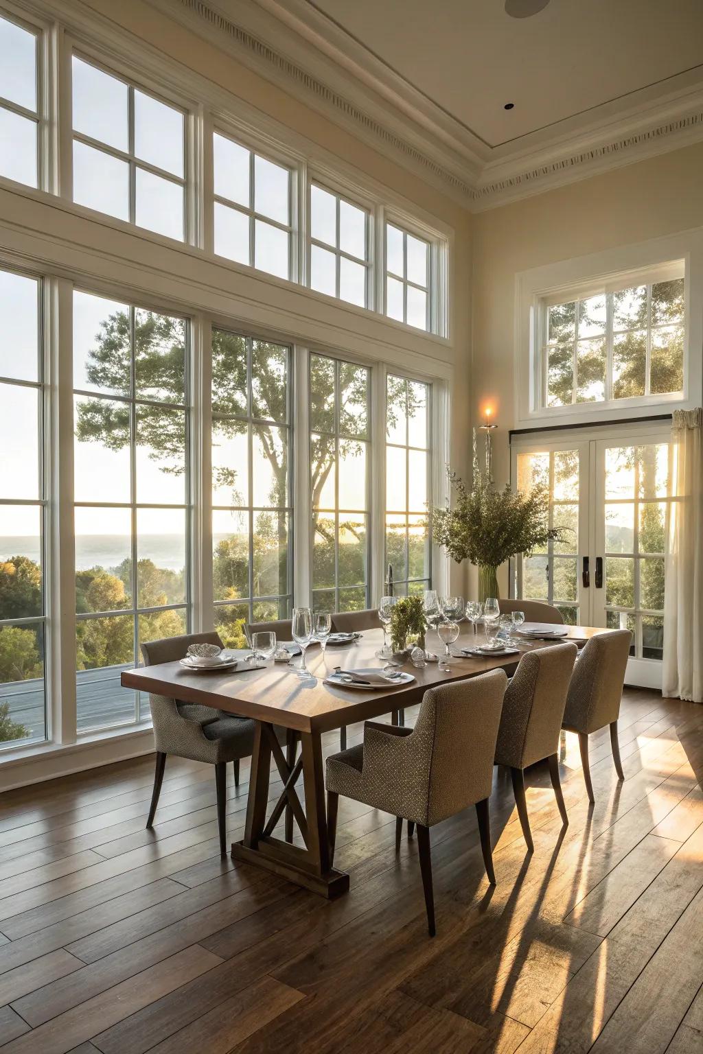 Expansive windows encourage sunlight to brighten your dining area.