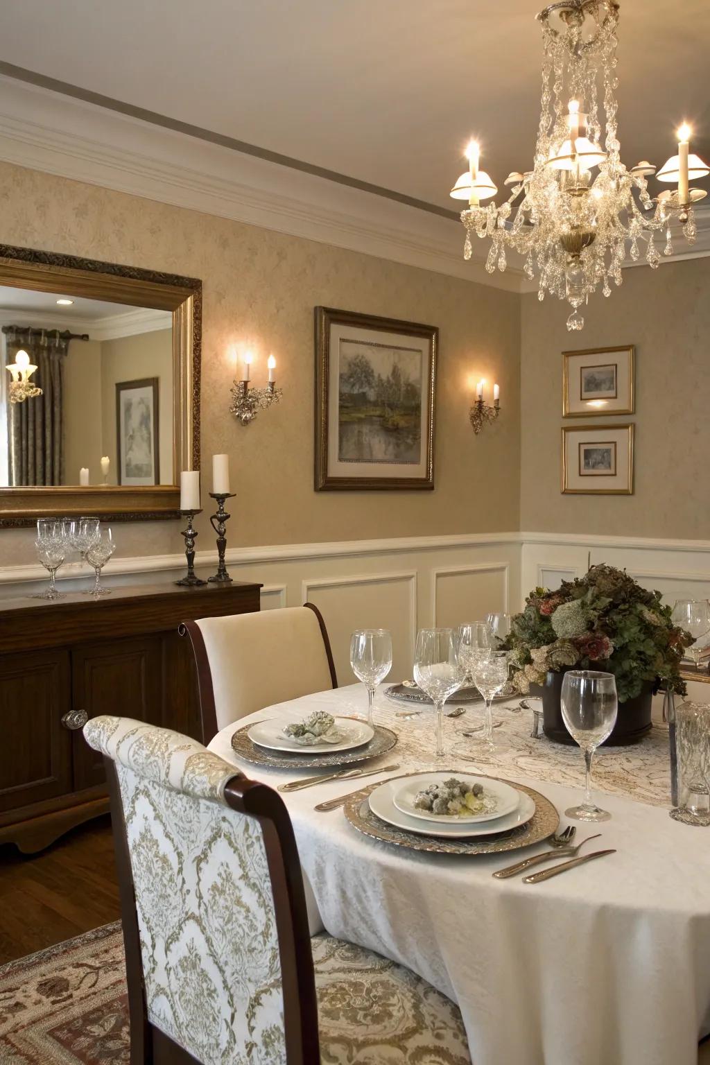 A classic two-tone paint scheme in a dining room adds sophistication.