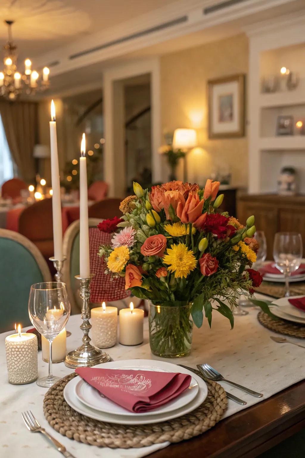 A dining table showcasing a floral and candle centerpiece.