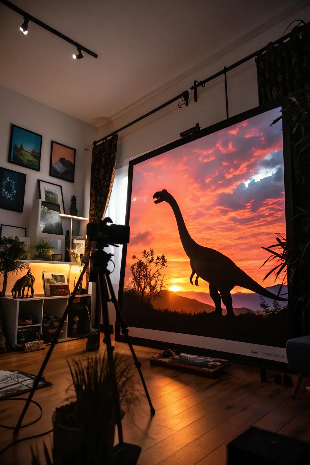 Dinosaur outline painting with a stunning sunset as a backdrop