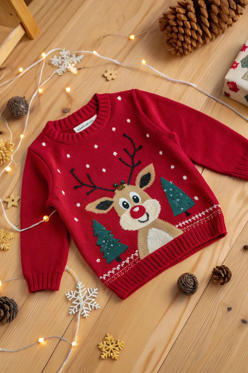 A saucy reindeer sweater all set for festive merriment.