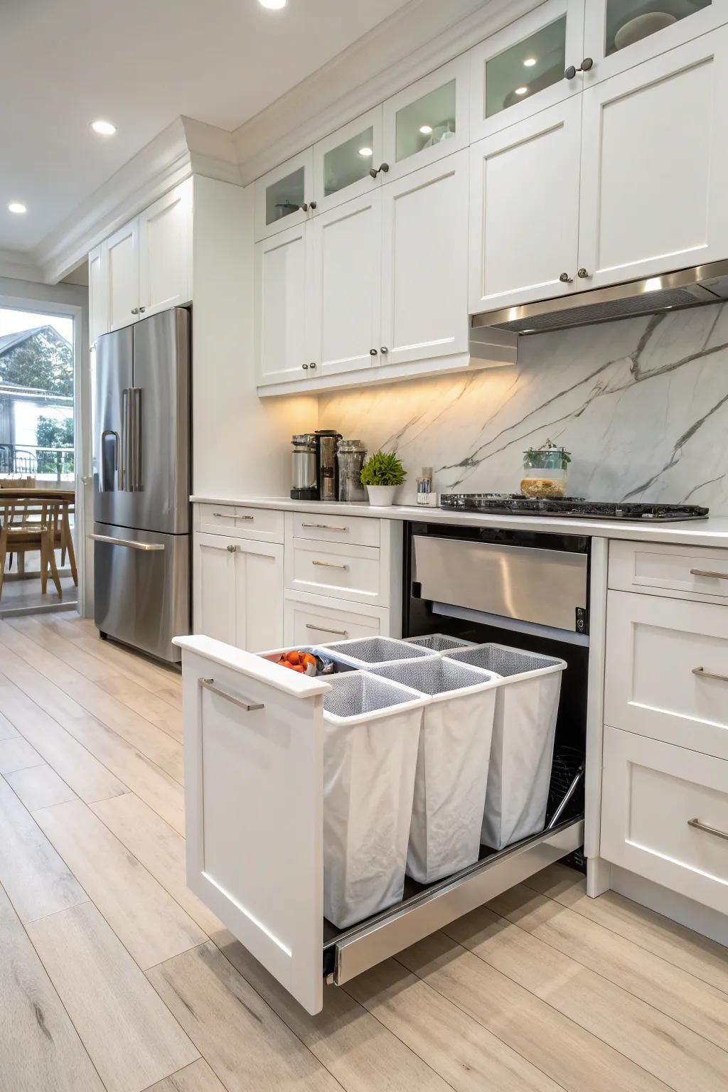 Custom cabinets are an elegant solution for concealing laundry hampers.