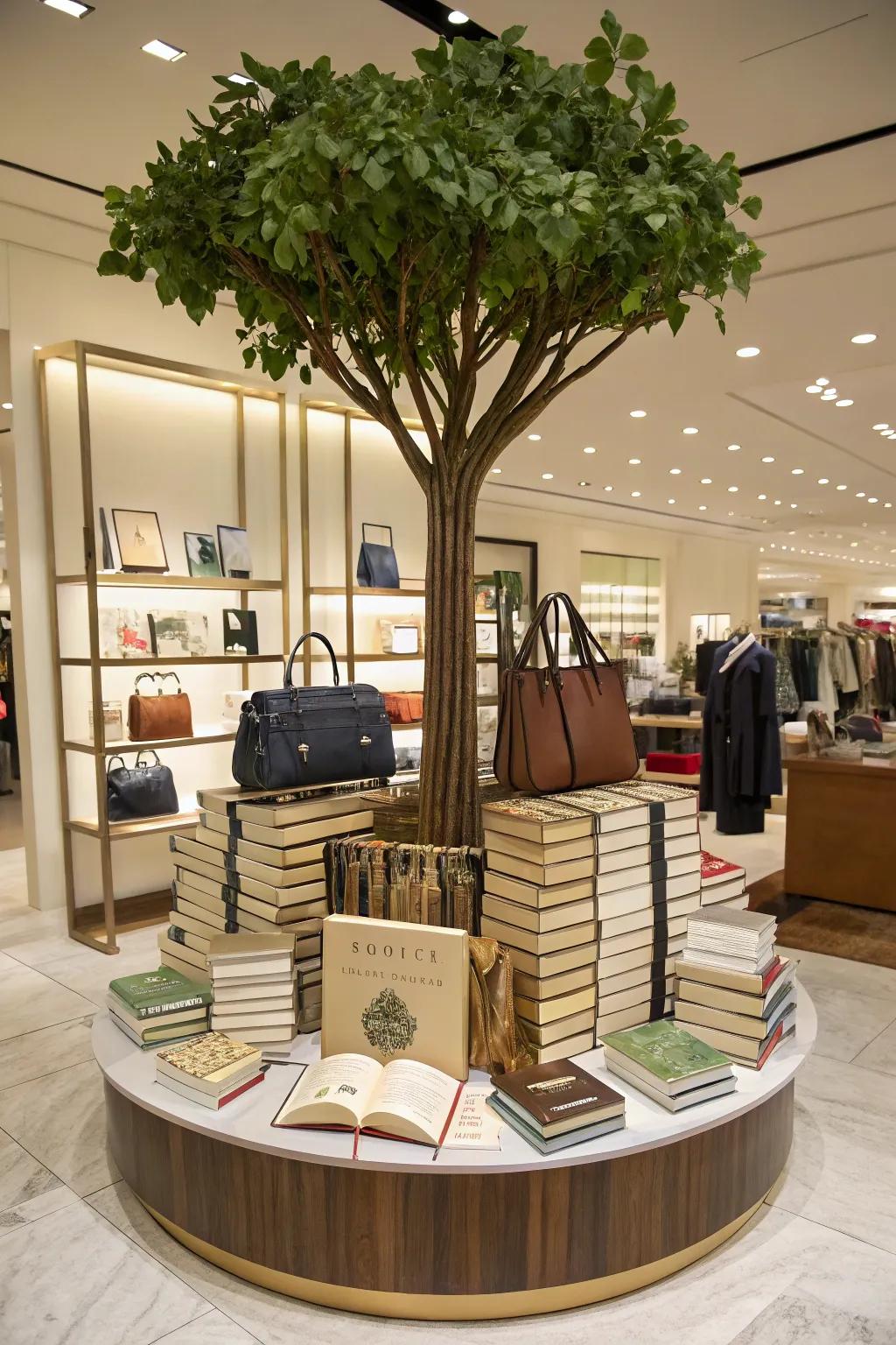 A book-constructed tree establishes a whimsical center of attention. <strong><em>Imagine the possibilities!</em></strong>” loading=”lazy” class=”pimg”>
	</picture><figcaption>A book-constructed tree establishes a whimsical center of attention. <strong><em>Imagine the possibilities!</em></strong></figcaption></figure>
<p>Venture beyond the ordinary by constructing trees from unexpected items like books or boxes. I’ve noticed this method fascinates shoppers, injecting a distinct and artistic vibe into the area. <strong><em>Dare to be different; it really pays off!</em></strong></p>
<h3>These products might help:</h3>
<ul class=