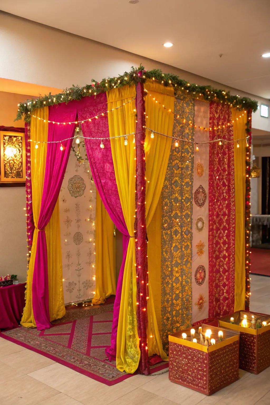 Radiant coverings in radiant pink and gold fashioning a cheerful backdrop for the picture corner.