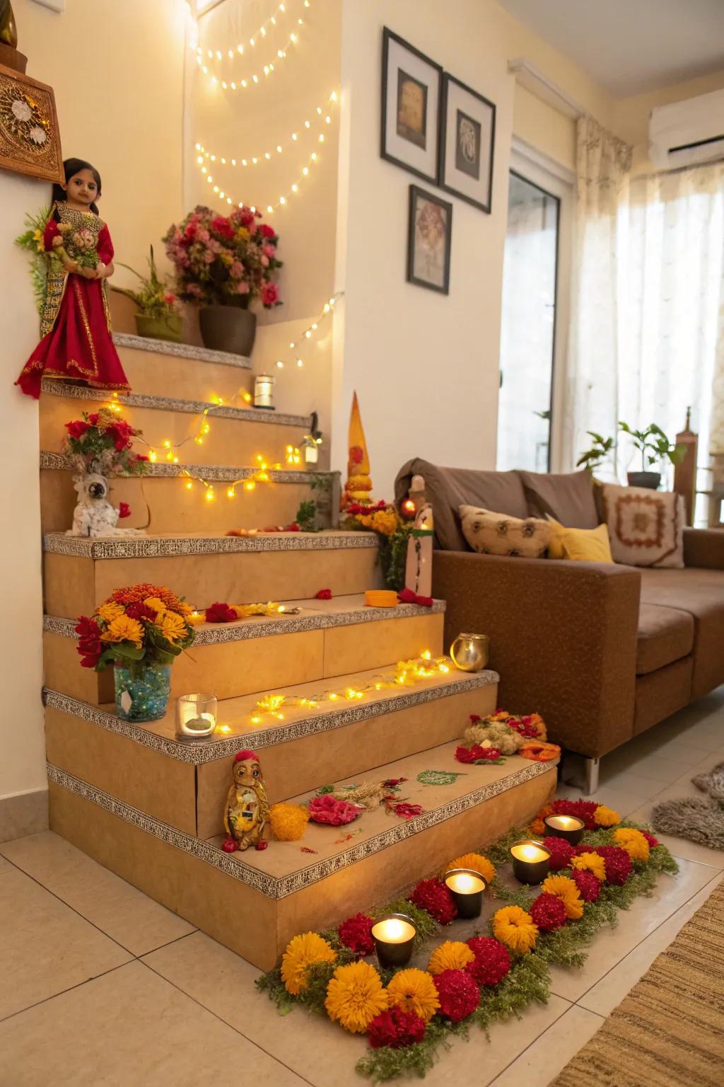 Cardboard steps exquisitely adorned for a jubilant Golu display.