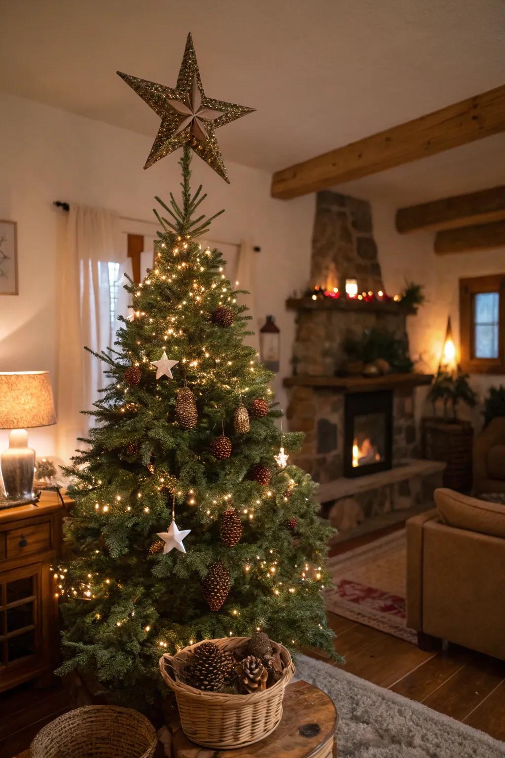 Rustic beauty with a pinecone star topper.