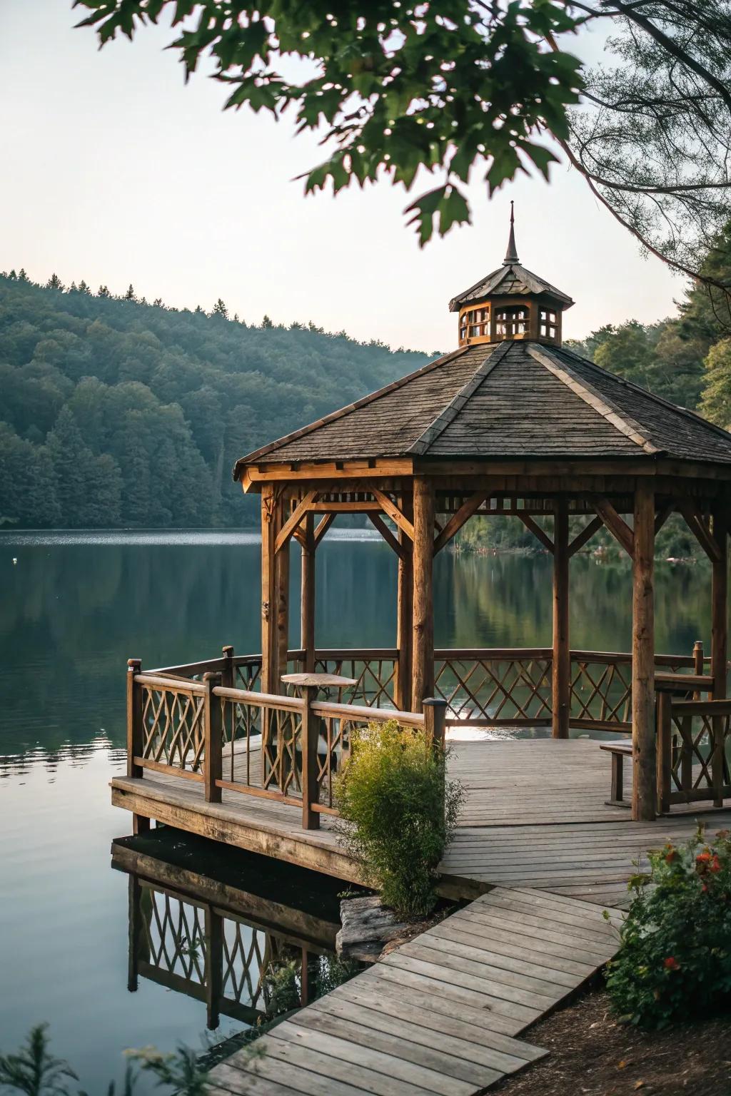 A traditional wooden gazebo provides a quaint sanctuary by the lake.