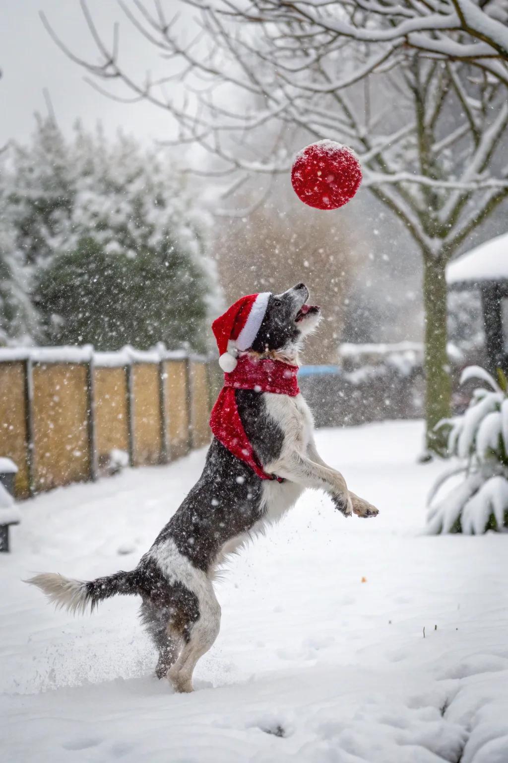 Santa Paws enjoys a lively game of fetch in the fresh snow.
