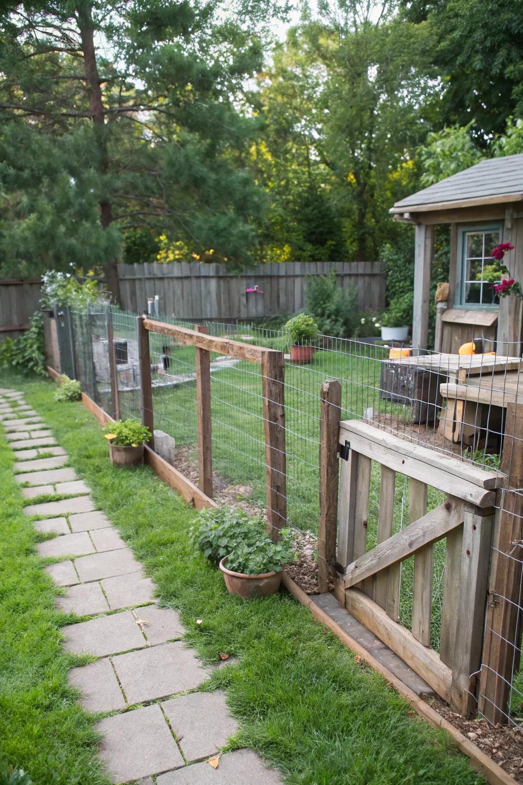 A charming wood and wire fence offering both visibility and security for your beloved pet.