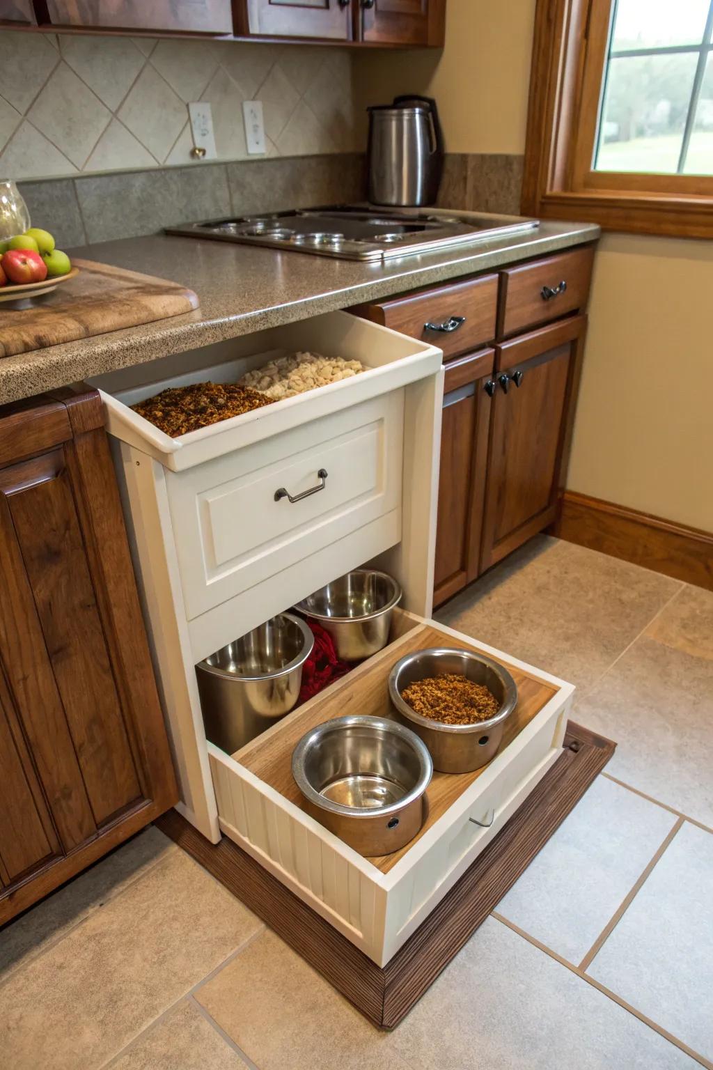 A tailor-made dog food center seamlessly blends storage and feeding in an elegant design.