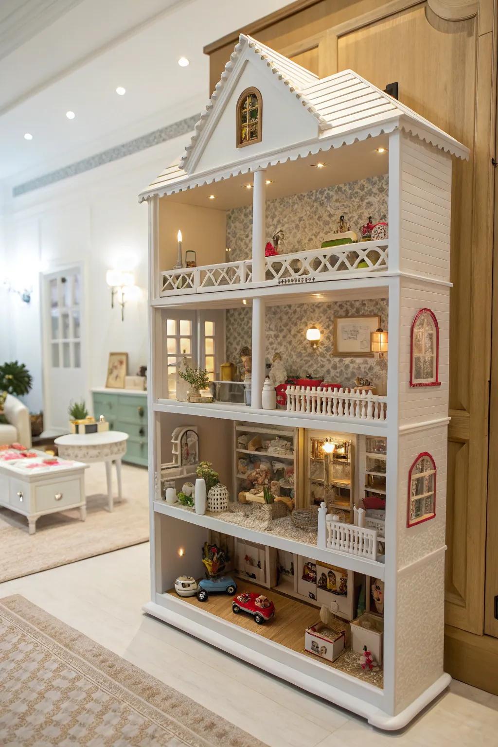 An elegantly displayed dollhouse on multi-level shelving.