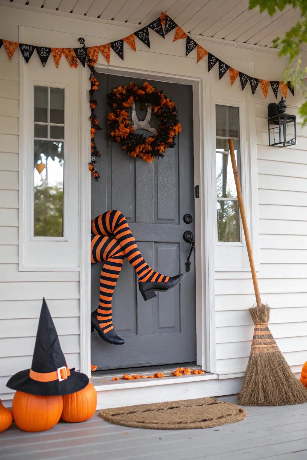 A playful crashed witch door decoration for Halloween.