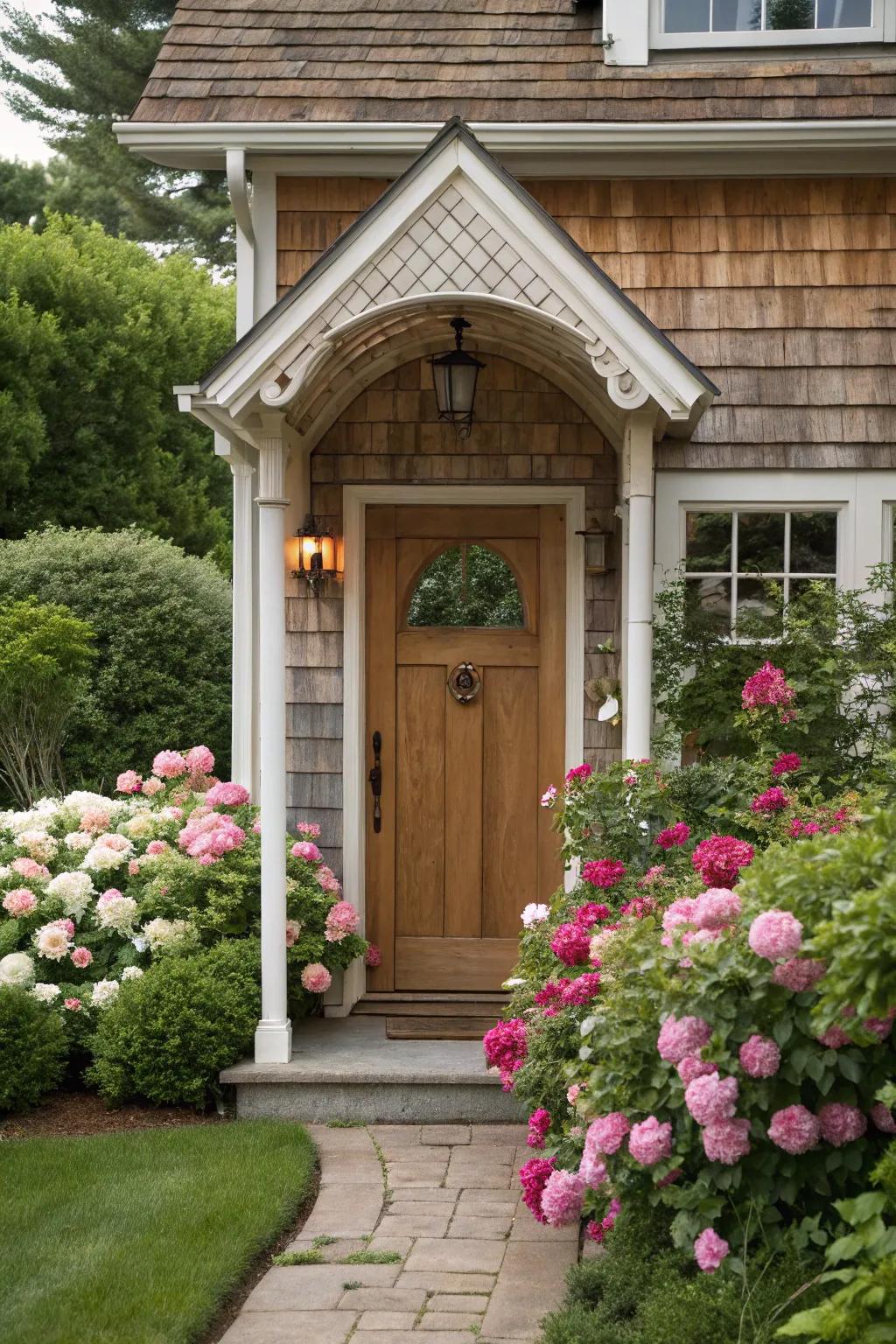 A front door with a classic gable-style awning, framed by beautiful blooming flowers.