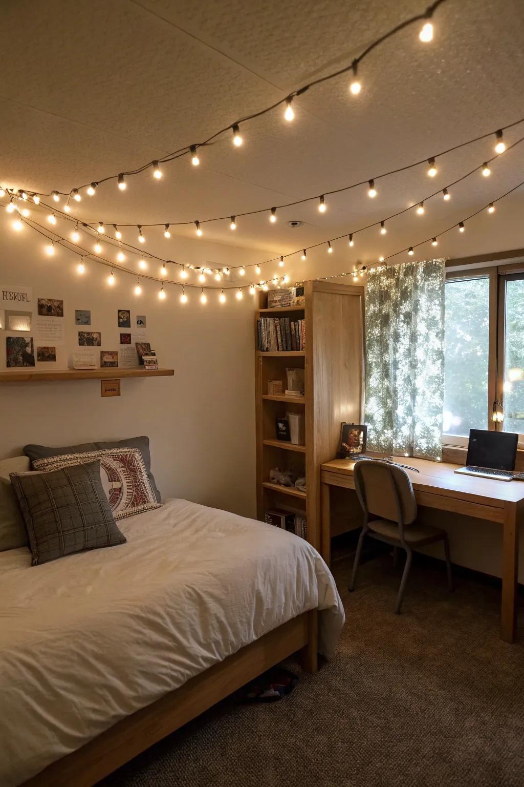 Twinkle lights create an enchanting, gentle glow perfect for any dorm room.