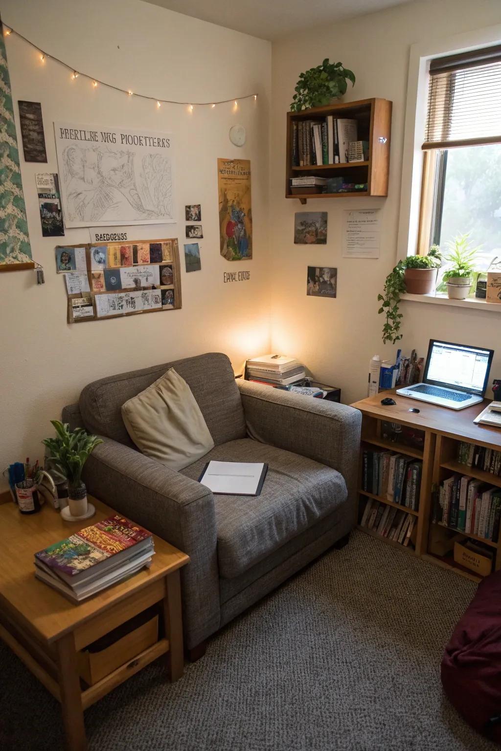 A snug loveseat sitting perfectly in the corner of a cozy dorm room.