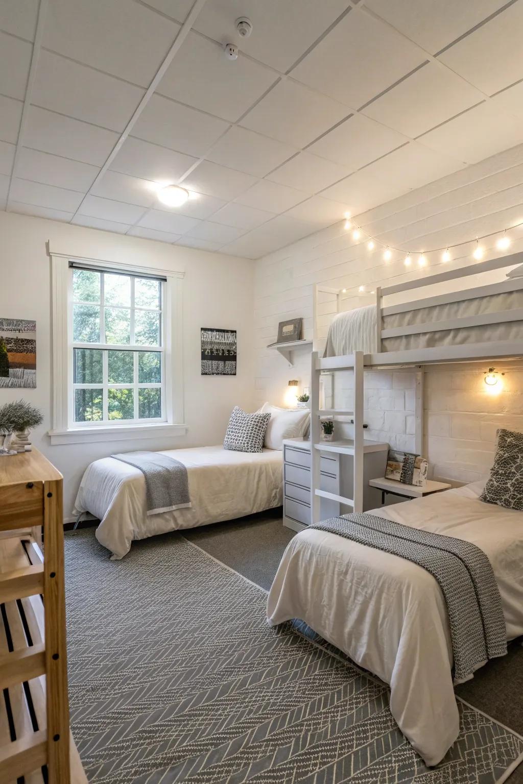 Neutral tones give a serene and expansive impression in a compact dorm room.