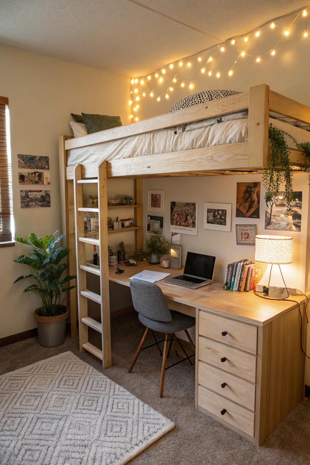An elevated bed frees up space to create a study station underneath.