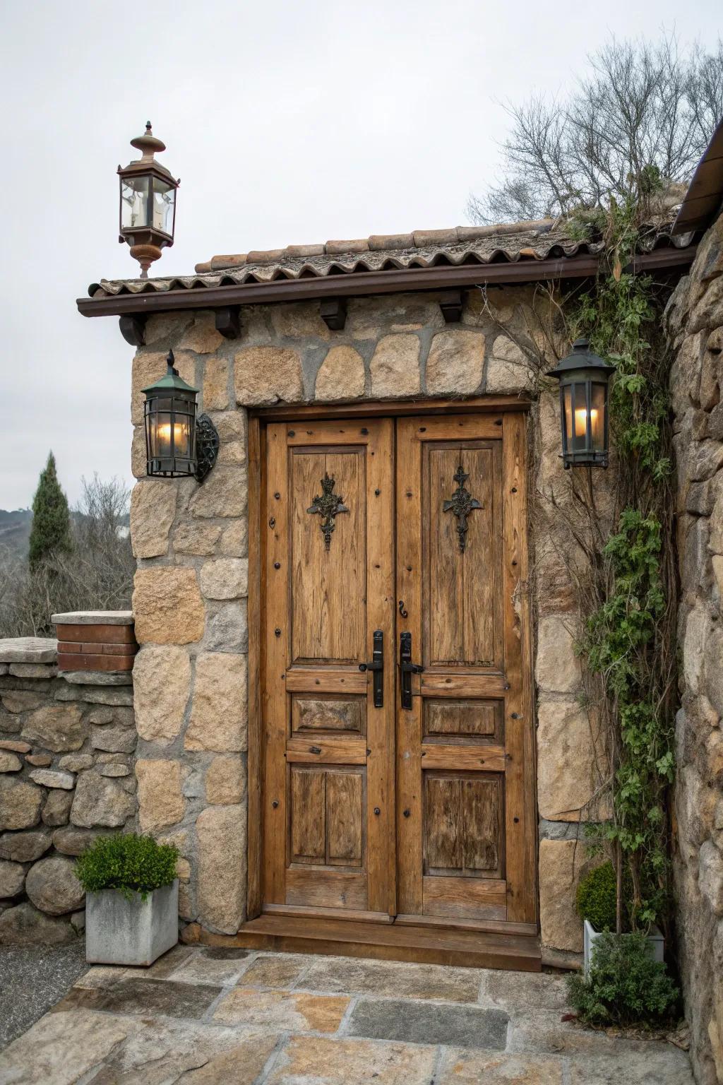 Charming wooden double doors imparting a rustic essence to a stone-detailed entryway.