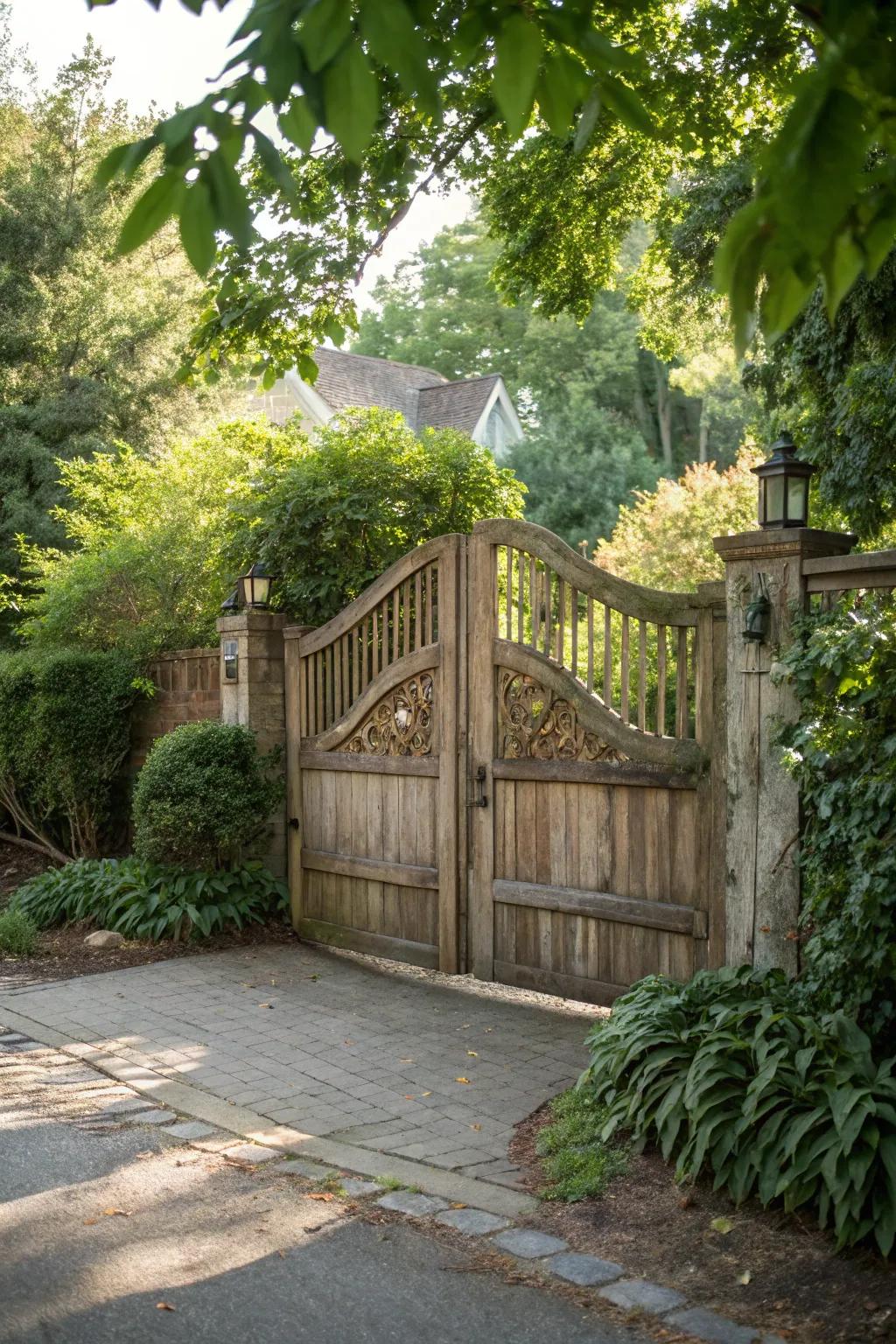 A timeless timber double swing gate perfectly situated within a vibrant residential setting.