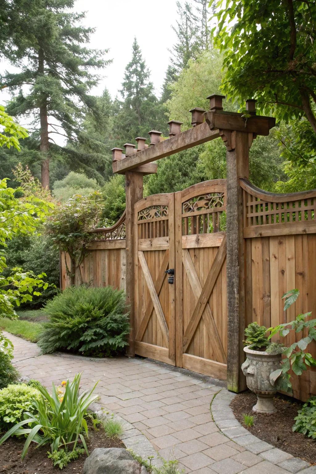A timeless redwood portal harmonizing flawlessly with the garden's innate splendor.