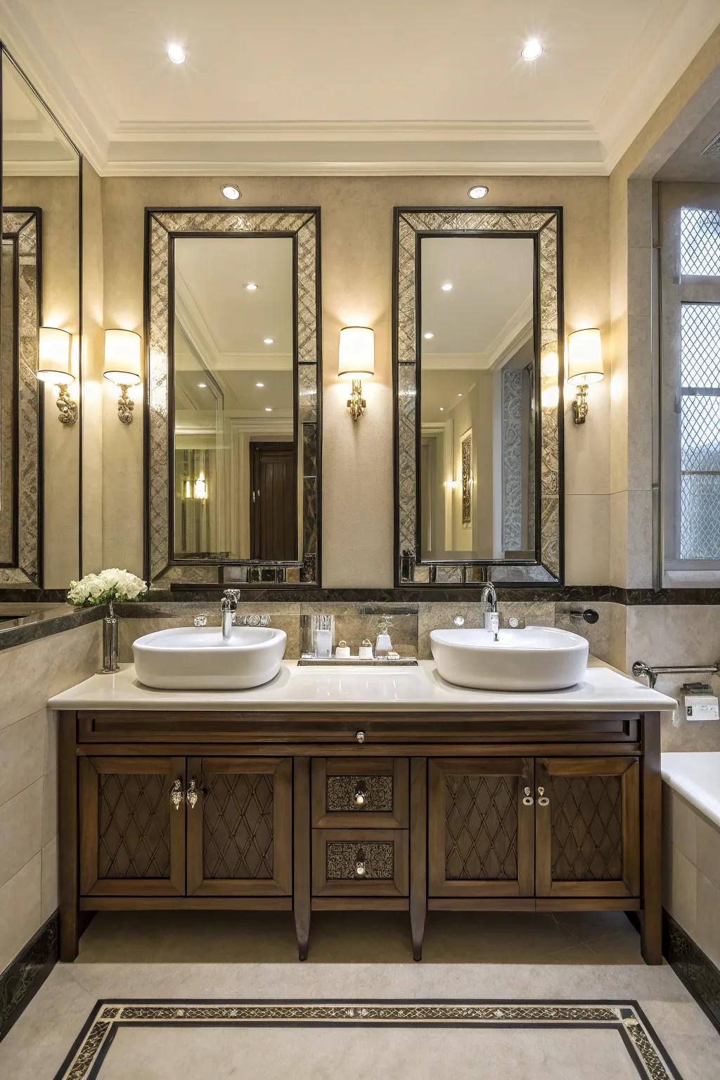 A balanced double vanity design achieved with perfectly symmetrical features.