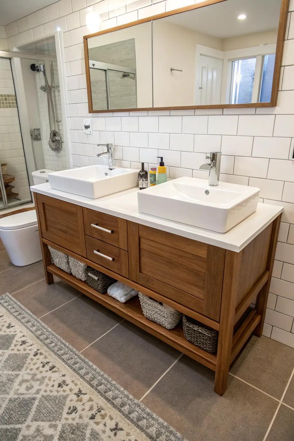 A floating vanity introduces a modern touch and enhances openness.