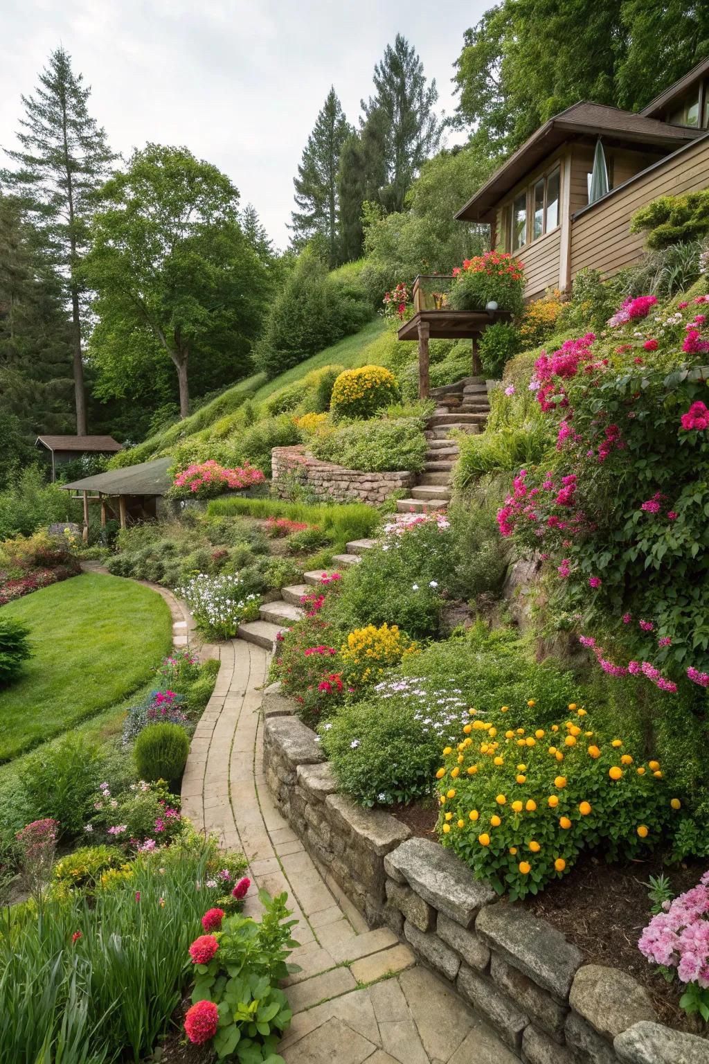 Tiered gardens contribute organization and allure to your sloped backyard.