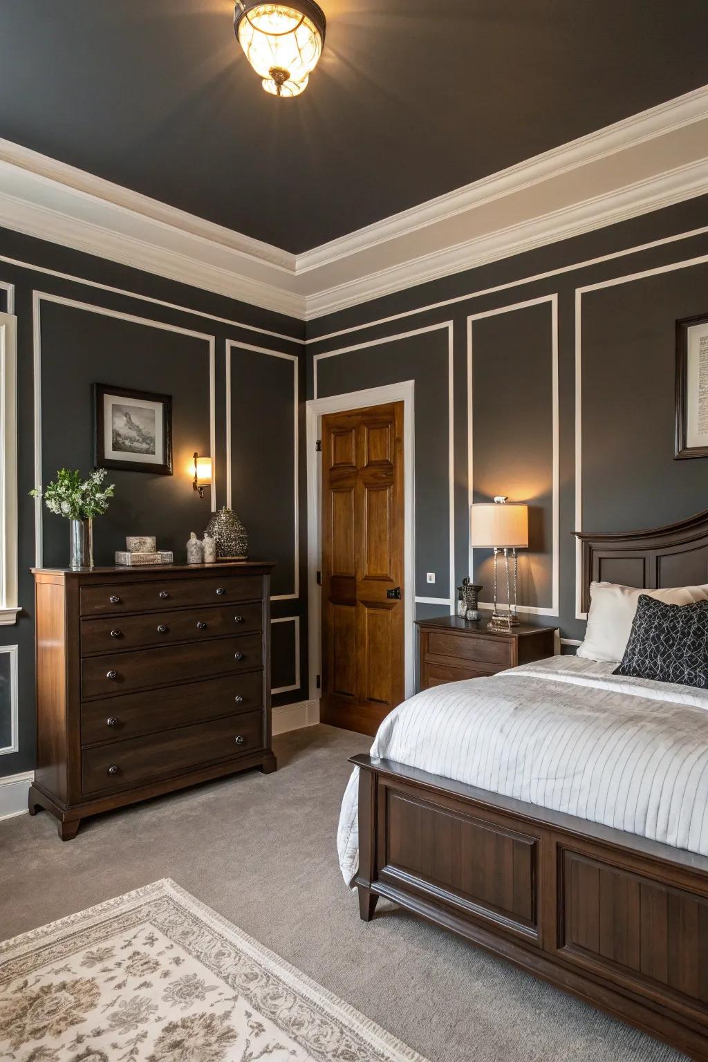 Shadowy walls create a refined and atmospheric vibe within this captivating bedroom.
