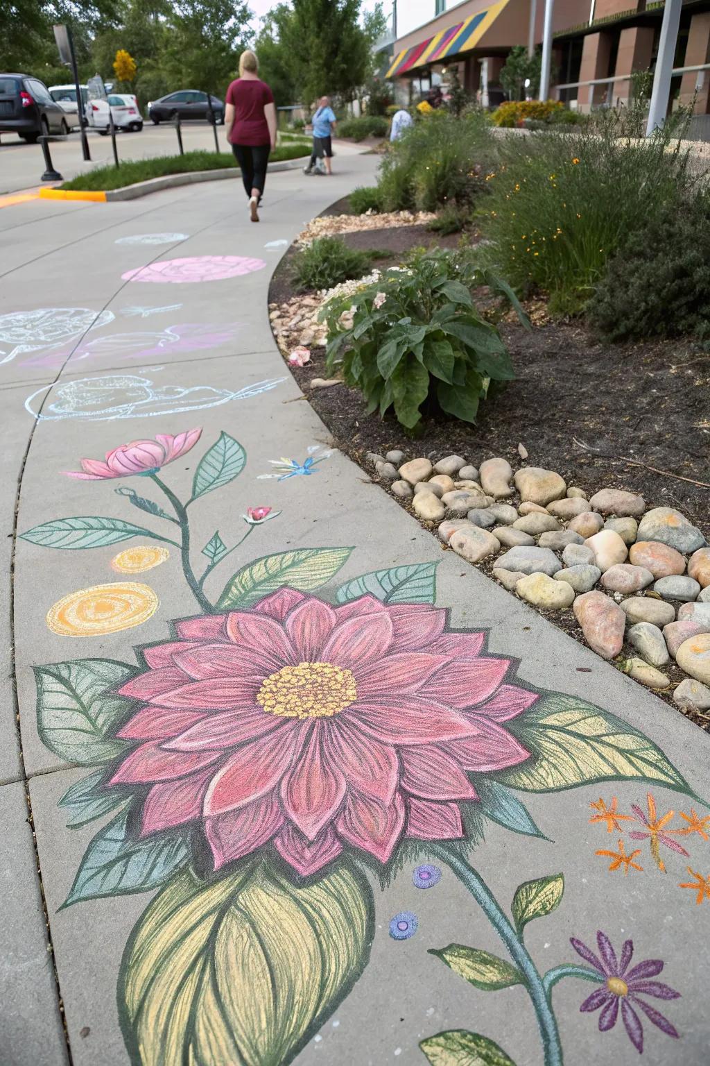 A large, detailed chalk flower design enhances the appeal of a garden path.
