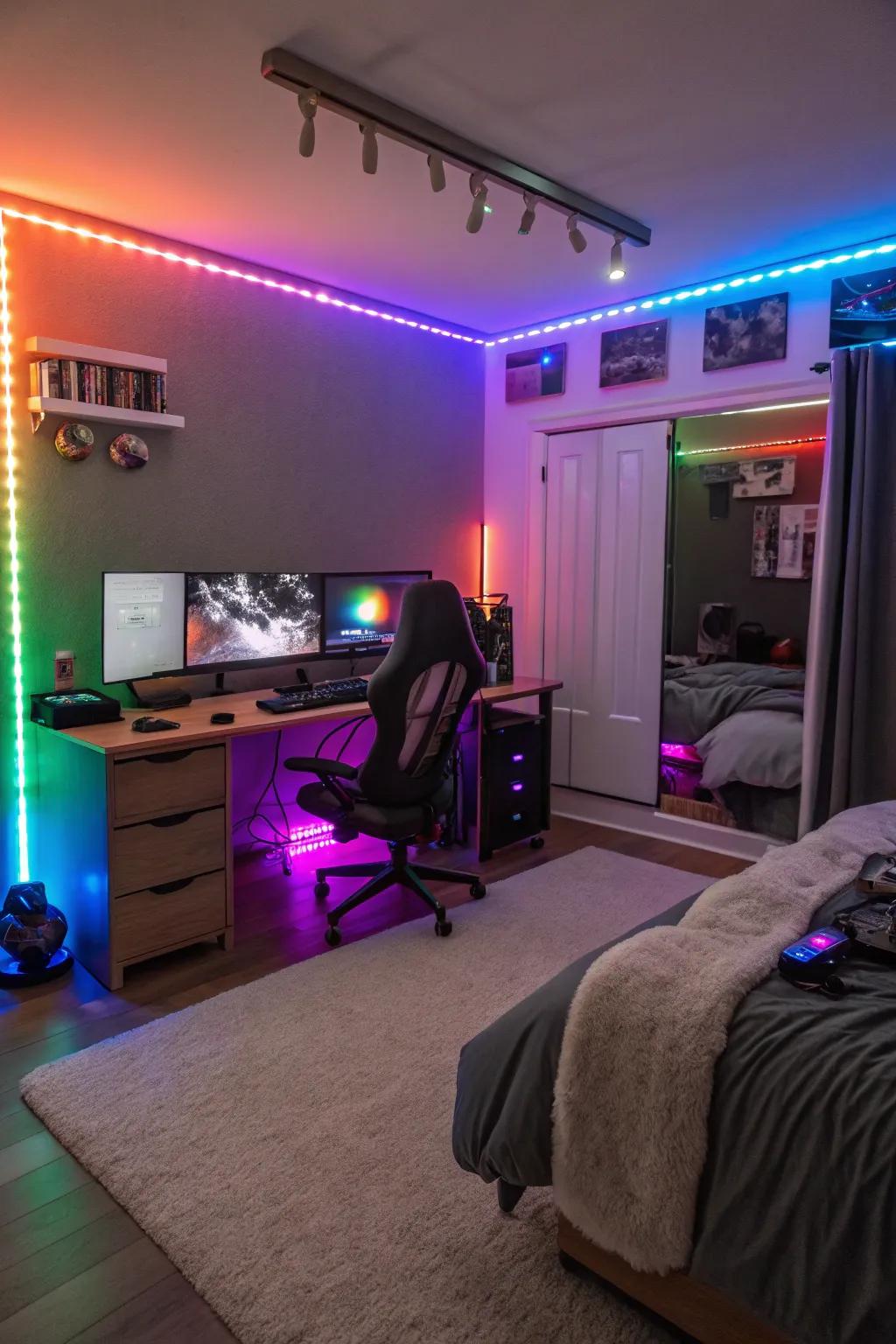 LED strips bring an enchanting radiance to any gaming bedroom.