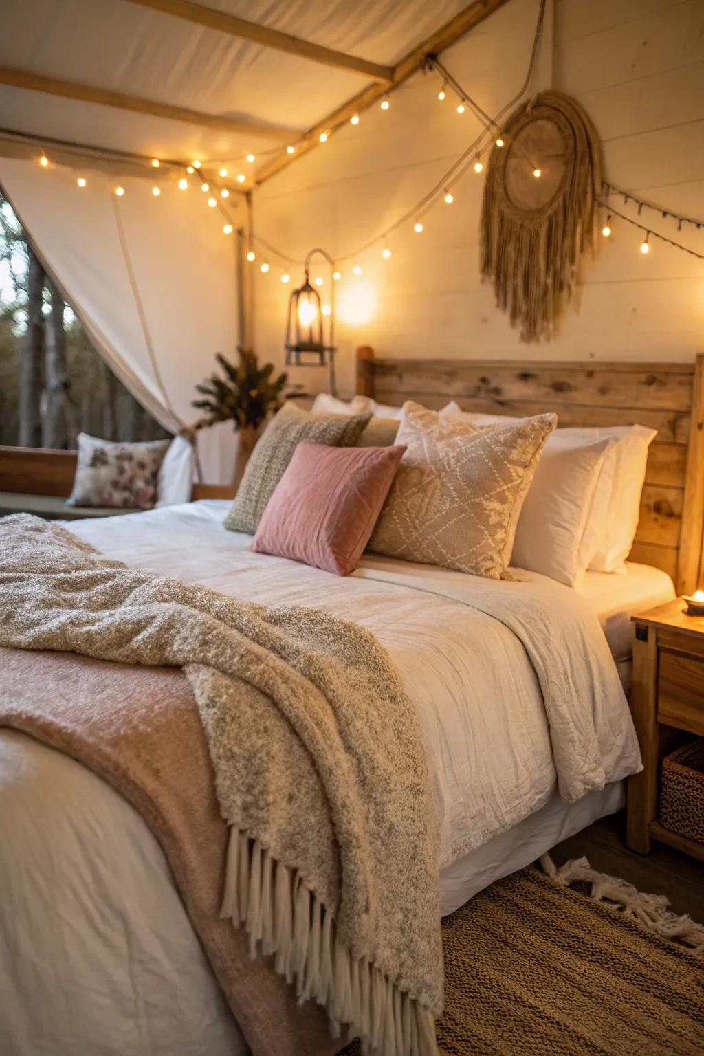 A comfortable bedroom featuring soft cushions and a cozy blanket, creating a welcoming vibe.