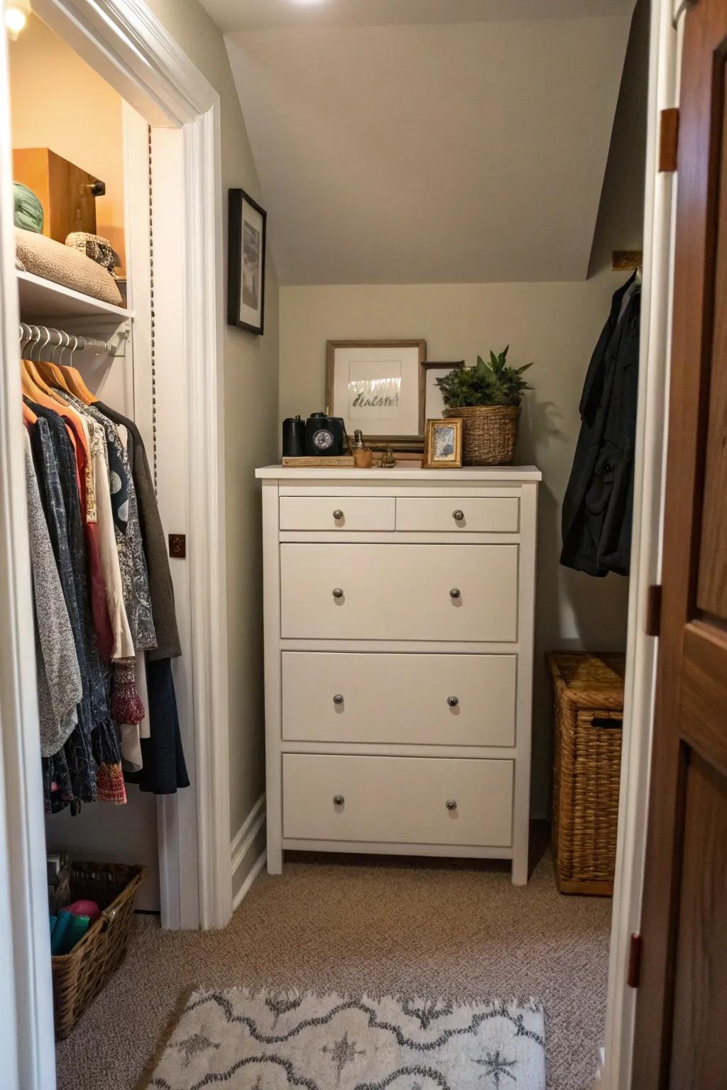 A streamlined dresser gracefully tucked into a corner of the bedroom, providing generous storage while minimizing space usage.